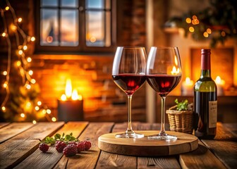 Elegant Glasses of Red Wine on a Wooden Table at Home, Perfectly Captured Using the Rule of Thirds for an Inviting and Cozy Atmosphere