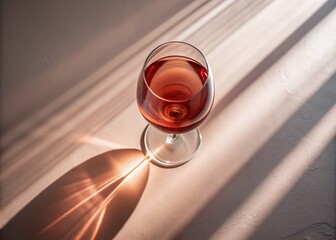 Elegant Glass of Pink Wine Casting a Beautiful Shadow Reflection on a Soft Light Wall, Perfect for Celebrations, Relaxation, and Sophisticated Gatherings