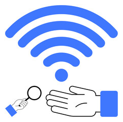 Magnifying glass examining wireless symbol above open hand. Ideal for technology, internet, support, analysis, communication, connectivity, online help. Blue and black elements suggestive of digital