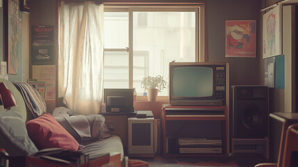 Fototapeta premium Vintage living room with retro TV, books, and sunlight; nostalgic and warm ambiance