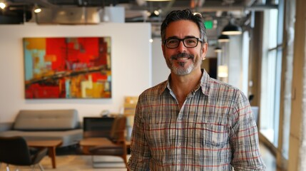 Obraz premium An artistic portrait of a man in a modern office space, highlighting contemporary work culture