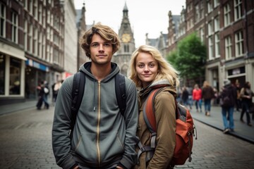 Fototapeta premium A young man and woman stand on a city street, both wearing backpacks