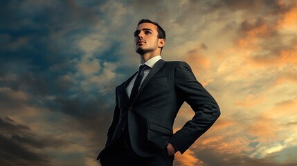 An artistic portrait of a man in a suit with a dramatic backdrop, emphasizing elegance and style