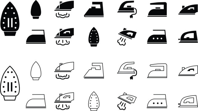 Set of Home appliance and Steam generator irons vectors. Iron icons in trendy flat and outline styles for web sites or mobile apps. Laundry items symbols collection isolated on transparent background.