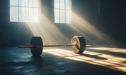 A barbell rests on a gym floor, illuminated by soft, dramatic lighting.