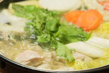 Mizutaki pot, a famous Japanese winter dish of stewed vegetables, meat, and seafood