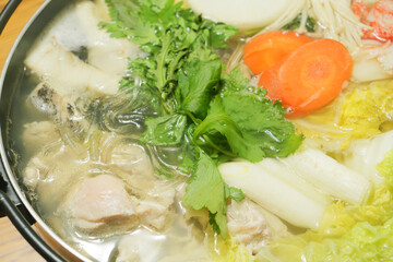 Mizutaki pot, a famous Japanese winter dish of stewed vegetables, meat, and seafood