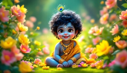 Fototapeta premium Cute little lord Krishna - Happy Janmashtami