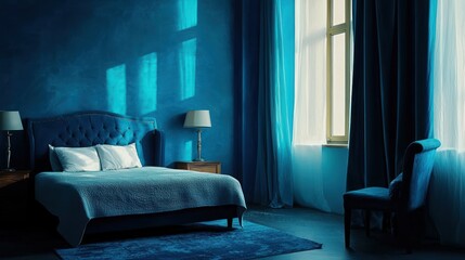 An artistic portrayal of a blue bedroom with contrasting colors, highlighting unique design features