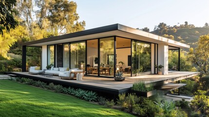 Fototapeta premium A modern house features glass windows, a flat roof, and a wooden deck amid a vibrant landscape.