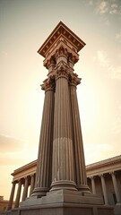 Old justice courthouse column tells the story of bygone eras, worn stone, rural landscape