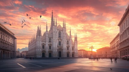 Fototapeta premium At sunrise, Milan Cathedral showcases its Gothic beauty, surrounded by tranquil visitors and vibrant city life.