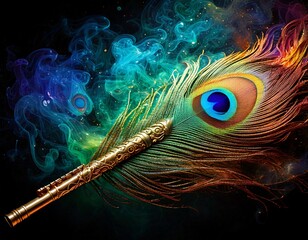 flute and a peacock feather wallpaper, Generative AI