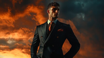 An artistic portrayal of a man in a suit against a dramatic backdrop, highlighting elegance and style