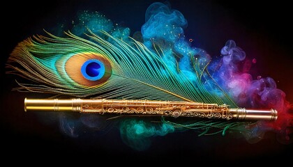 flute and a peacock feather wallpaper, Generative AI