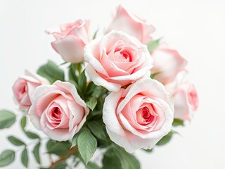 Fototapeta premium Pastel pink roses in watercolor style with soft greenery and delicate stems on a white background, floral design, rose, gentle hue., wedding card