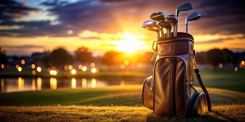 Elegant Low Light Photography of a Stylish Golf Bag with Clubs Ready for a Night Round on the Course, Capturing the Essence of Golfing Elegance and Equipment Design