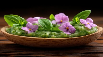 Fresh green cucumber puree with basil and violet flowers in a wooden bowl.