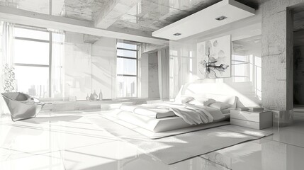An artistic portrayal of a white bedroom with contrasting elements, showcasing modern design aesthetics
