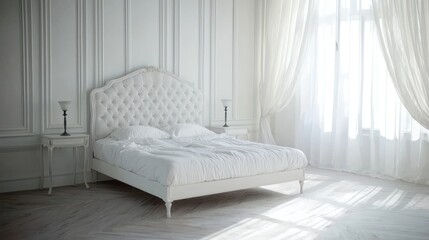 An artistic portrayal of a white bedroom with contrasting elements, showcasing modern design aesthetics