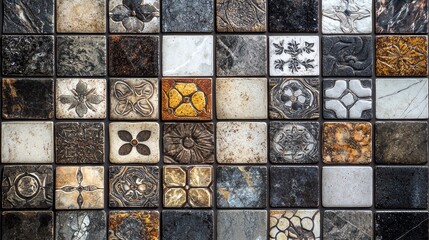 An artistic portrayal of bathroom tiles in a creative layout, emphasizing craftsmanship and design