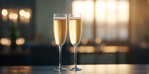 Champagne glasses on festive table for New Year celebration with bokeh background.