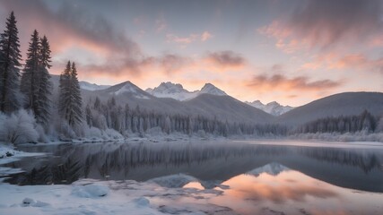 Obraz premium Winter snow mountain forest lake sunrise