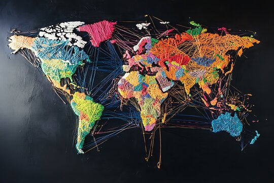 Colorful Yarn World Map Art Global Connections