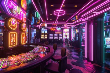 Futuristic neon-lit 3D illustration depicting a casino gambling theme.