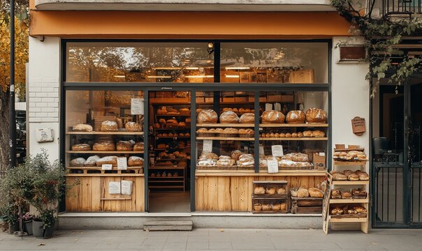 A charming bakery storefront displaying an array of fresh bread and pastries.