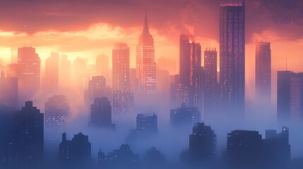 Fototapeta premium Foggy cityscape at sunset, skyscrapers and buildings shrouded in mist.