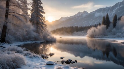Fototapeta premium Winter snow mountain forest lake sunrise