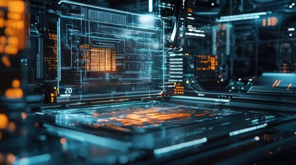 An artistic representation of a futuristic computer integrated with artificial intelligence technology