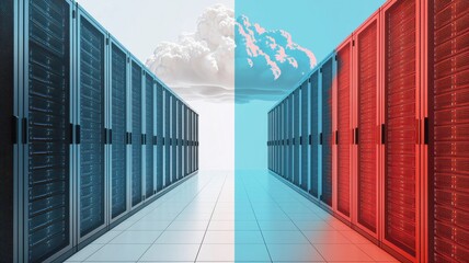A vibrant data center with contrasting server colors and clouds.
