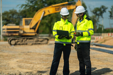 Two engineers in high-visibility jackets and helmets reviewing plans on a laptop at a construction...