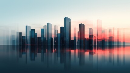 Fototapeta premium Abstract city skyline with a vibrant sunset reflection.