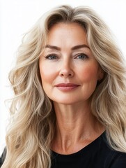 Fototapeta premium Happy smiling attractive 50s middle aged blonde woman looking at camera advertising antiage face skin and aging hair care treatment and cosmetics isolated on white background. Close up portrait.
