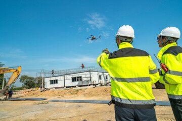 Two engineers in high visibility jackets and helmets observing a drone flying over a construction site, with machinery and modular buildings, highlighting technology and site monitoring.