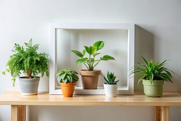 Minimalist Indoor Plants Bookshelf Photography: White Square Frame, Green Houseplants, Simple Home Decor