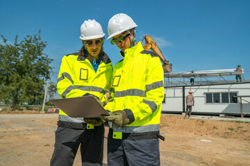 Two engineers in high visibility jackets and helmets reviewing plans on a laptop at a construction...