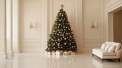 Christmas tree with gifts, a festive winter scene with a decorated fir tree and presents beneath