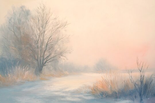 Misty winter landscape painting of a frozen riverbank with leafless trees and reeds.