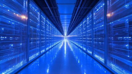 Obraz premium Server racks illuminated by blue light in a data center