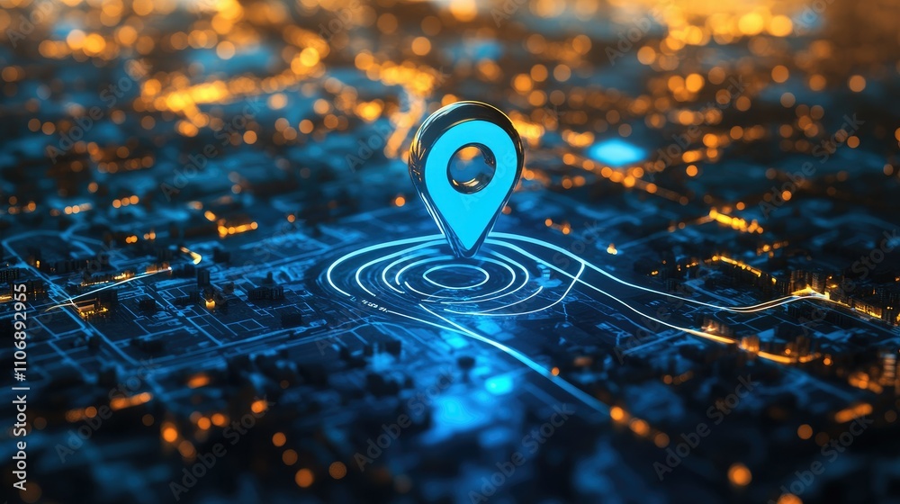 Poster 3D rendering of a blue location pin on a digital map with highlighted route directions, combined with technology elements and search bar features