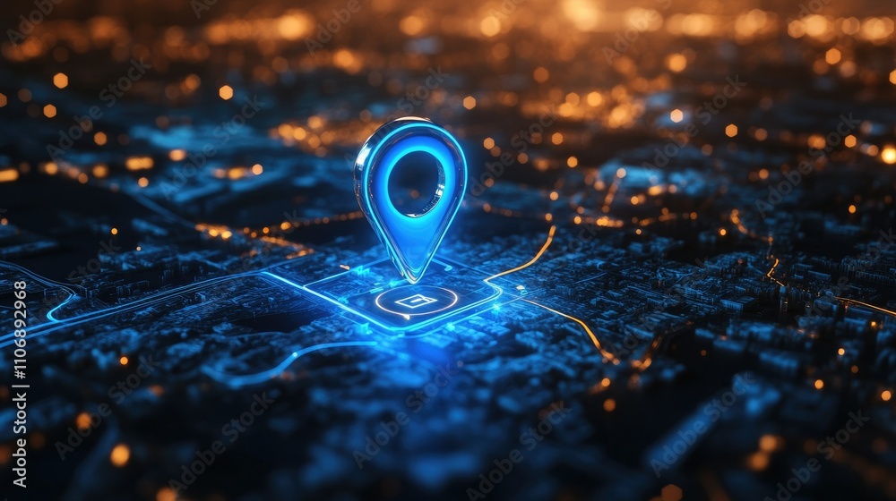 Poster 3D rendering of a blue location pin on a digital map with highlighted route directions, combined with technology elements and search bar features