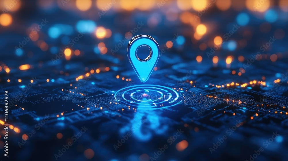 Poster 3D rendering of a blue location pin on a digital map with highlighted route directions, combined with technology elements and search bar features