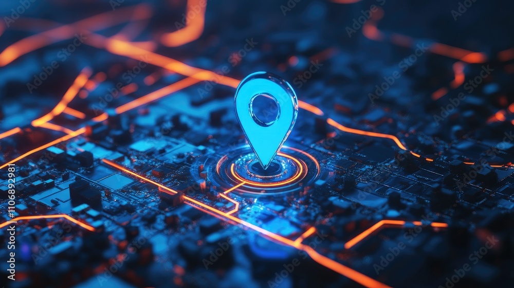 Poster 3D rendering of a blue location pin on a digital map with highlighted route directions, combined with technology elements and search bar features