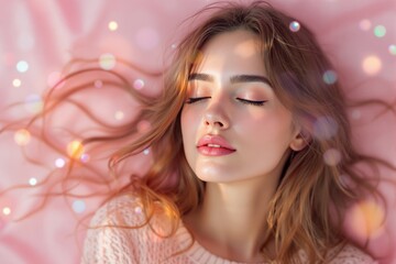 Serene Beauty: A Close-Up Portrait of a Young Woman with Relaxed Expression Against a Soft Pink Background