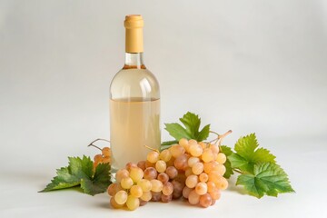 A bottle of white wine sits next to a bunch of grapes