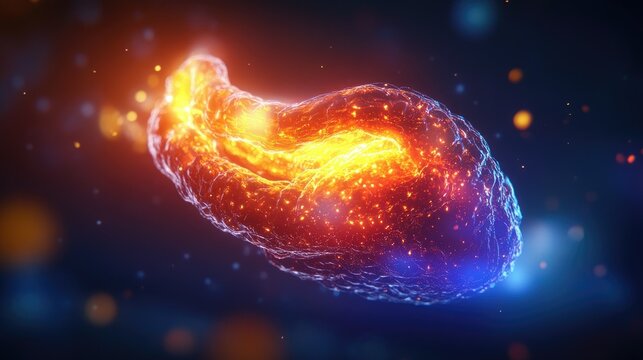 A bright and illuminated 3D rendering of the human pancreas anatomy, showcasing exocrine glands and the pancreatic duct in vivid detail